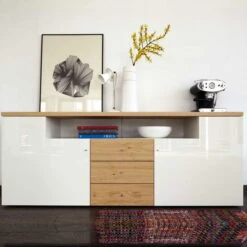 Now! Time By Hülsta Sideboard 73,7x190x45 Lack-weiß/Natureiche/Hochglanz-weiß